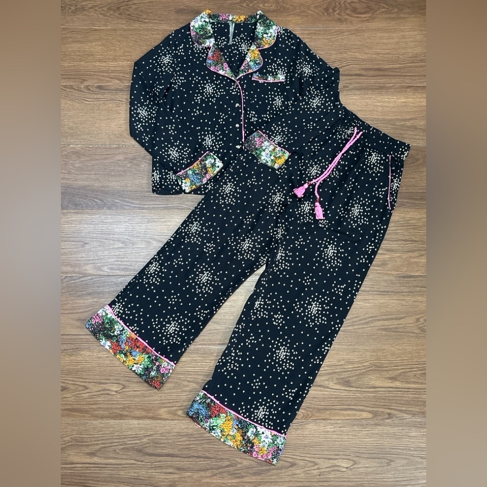 Anthropologie Black Pajama Set with Pink and Multicolor Accents